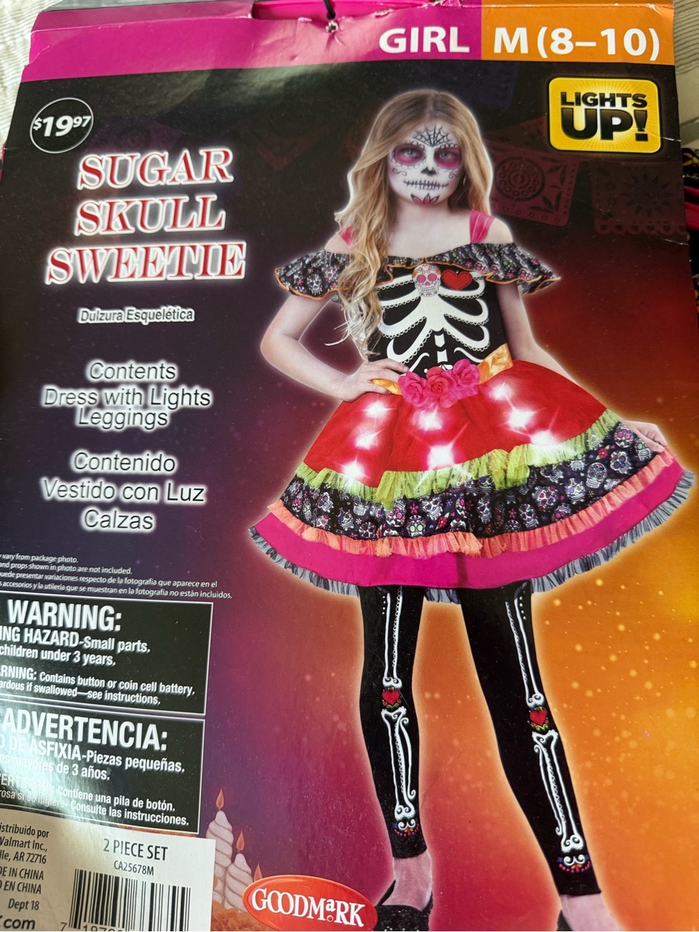 Girls' Sugar Skull Sweetie Light-Up Costume - Pink & Black (M 8-10) no tights